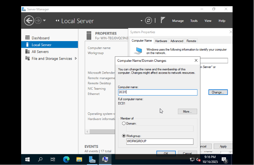 Changing computer name to DC01