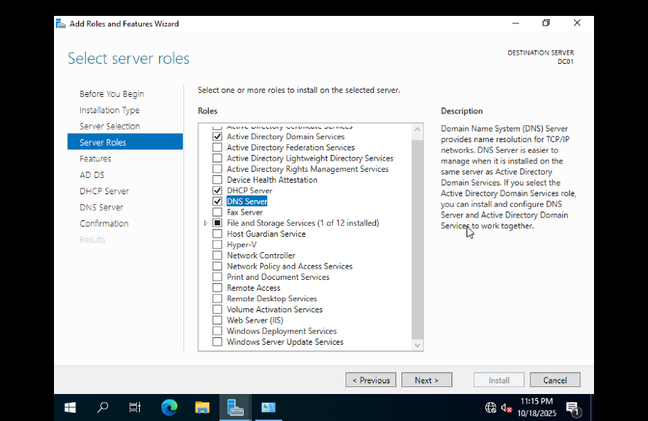 Select AD DS, DNS, and DHCP