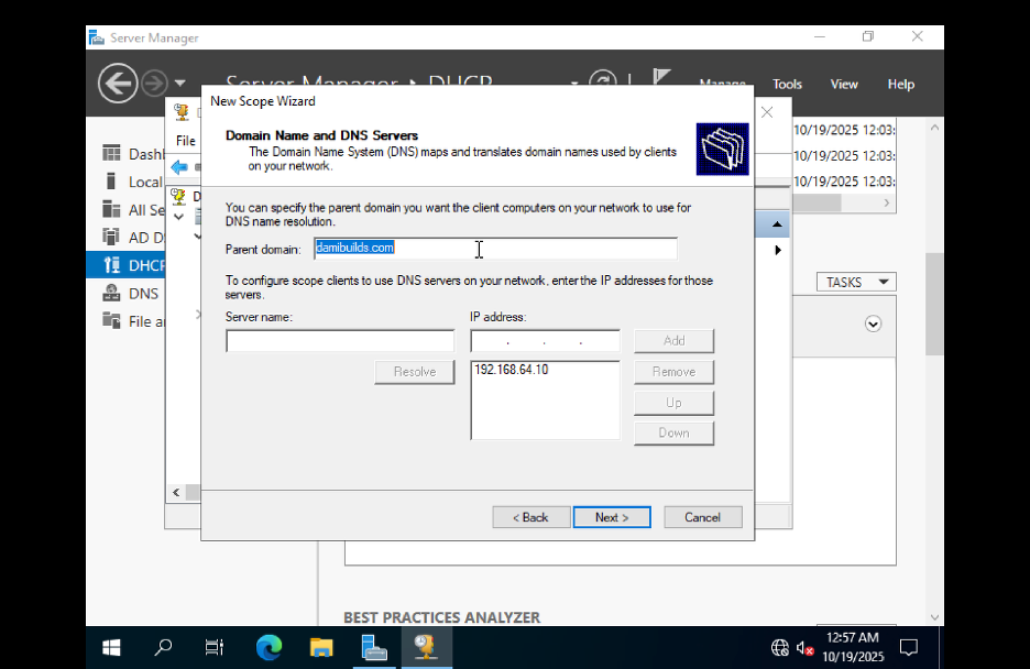 DHCP domain and DNS options